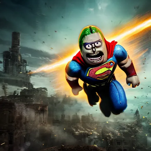 Image similar to pickle rick as superman! flying in ( gears of war ), splash art, movie still, detailed face, photo realistic facial features, cinematic lighting, dramatic, octane render, long lens, shallow depth of field, bokeh, anamorphic lens flare, 8 k, hyper detailed, 3 5 mm film grain