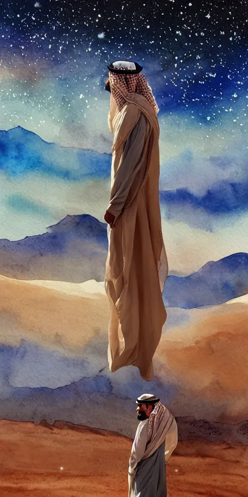 Prompt: an arab person with his back standing in the desert with sky with stars in watercolor, cinematic, highly detailed wide, atmospheric lighting, muted colors