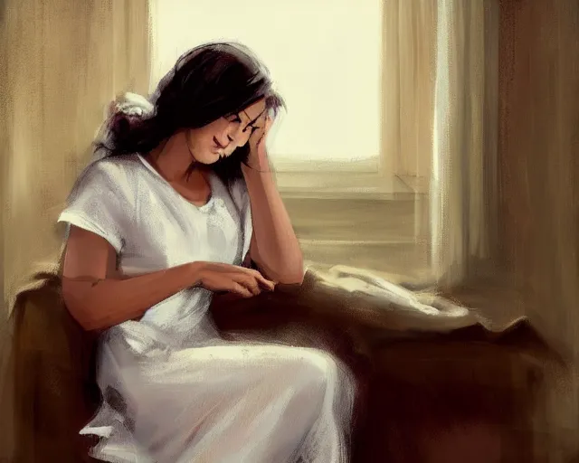 Prompt: a relaxed smiling woman in a soft night gown sitting with her eyes closed on a loose pile of soft fabrics infront of a window with the blinds drawn shut. there is a flower vase near her. by richard s. johnson, trending on deviantart