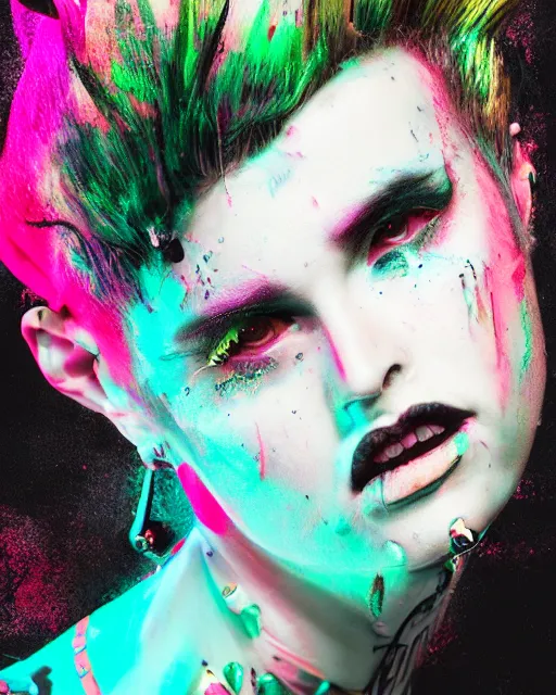 Image similar to splashes of neon, mowhawk, punk women portrait made out of paint, trending on artstation, epic composition, emotional, beautiful, rendered in octane, highly detailed, realistic, tim burton comic book art, sharp focus, unreal engine, depth of field, path tracing