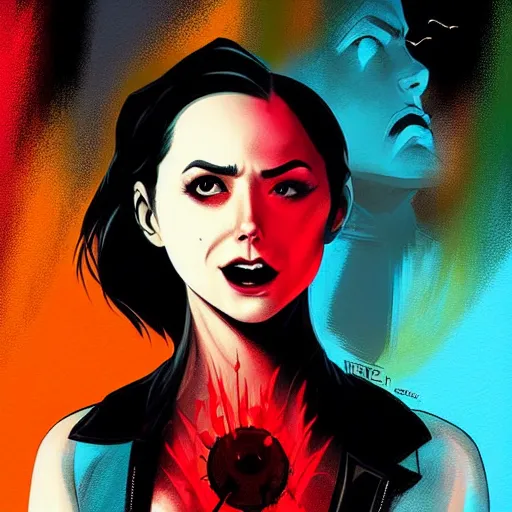 Image similar to Rafael Albuquerque comic cover art, loish, Sam yang, artgerm, Ross tran, pretty female Alison Brie serial killer holding bloody knife, blood on clothes and face, sarcastic smile, symmetrical eyes, symmetrical face, full body, jean jacket, jeans, short blonde hair, middle shot, highly saturated, deep blacks