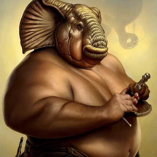 Image similar to fantasy portrait, portly elephant man, wearing loincloth, holding holy symbol, rpg game, main character, detailed, digital painting, artstation, sharp focus, illustration, tomasz alen kopera, peter mohrbacher, donato giancola, joseph christian leyendecker, wlop, frank frazetta