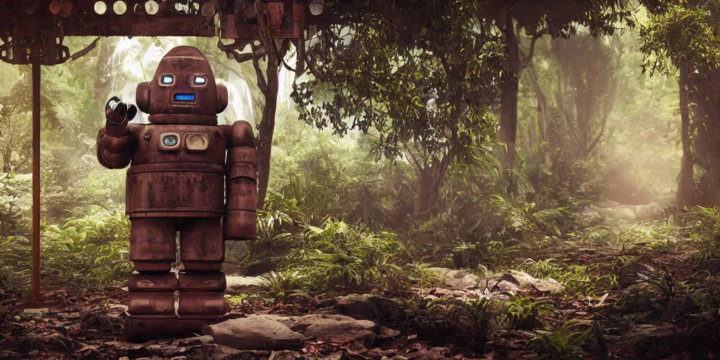 Image similar to rustic robot in buddhist monk robe in the asian rainforest, immaculate details, vintage polaroid photo, uhd, 1 2 k, hyper realistic, ultra realistic, photo realistic, photography, ray tracing, octane render, vray render, weta digital, unreal engine 5,