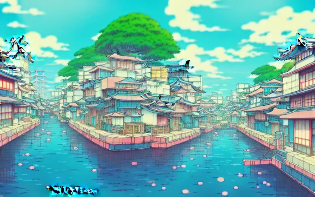 Image similar to a japanese city near the sea, lofi, dreamy, moody, very colorful, anime inspiration, ghibli vibe