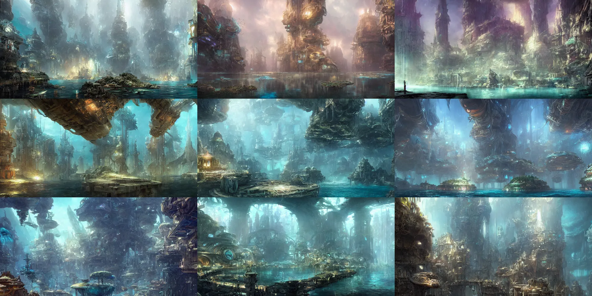 Prompt: a painting of an underwater city surrounded by water, a detailed matte painting by Stephan Martiniere, cgsociety, fantasy art, matte painting, reimagined by industrial light and magic, fantasy