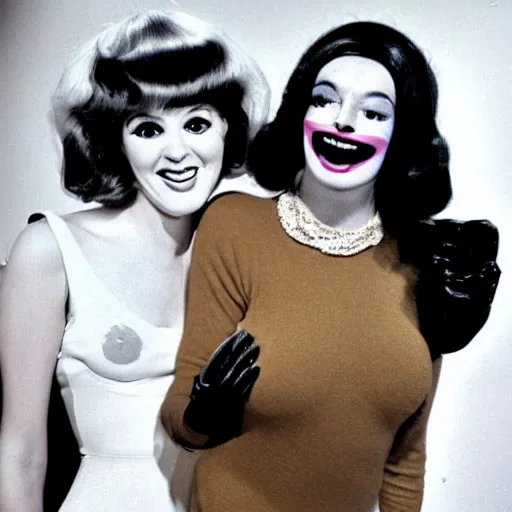 Image similar to 1976 film still glamorous woman photo and her friend, an anthropomorphic stomach, traveling in France, live action children's tv show, 16mm film live soft color, earth tones and some primary colors 1976, wacky, in style of john waters doris wishman russ meyer, woman looks like sharon tate