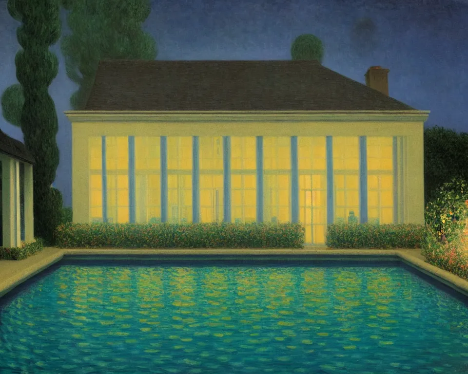 Image similar to achingly beautiful painting of a sophisticated, well - decorated pool house at night by rene magritte, monet, and turner.