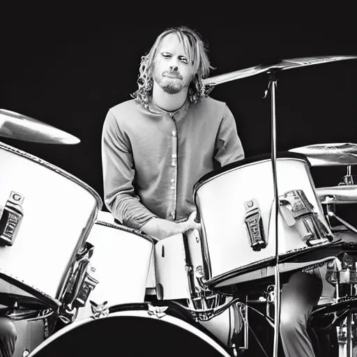 Image similar to photograph of a blonde man with a short goatee and long hair plays an 8 piece rock drum set, dramatic lighting,
