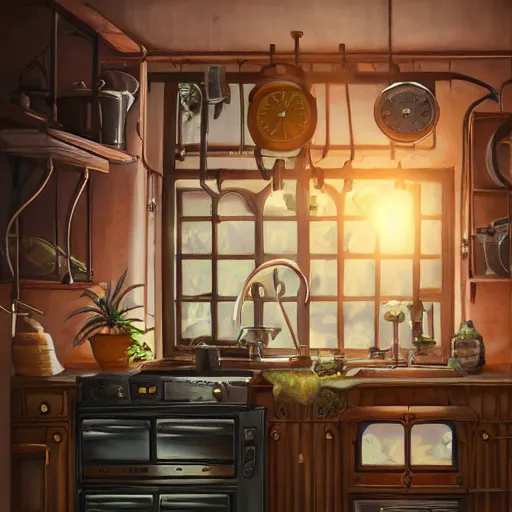 Image similar to steampunk kitchen in the warm morning light, lush plants, toaster, kettle, fridge, oven, sink, machines, beautifully lit, painting, high resolution, trending on artstation