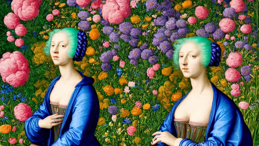 Prompt: portrait of a woman with neon blue hair, wearing baggy clothes and hair rolls, standing in a garden full of flowers, intricate details, high detail, in a renaissance style