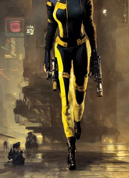 Image similar to Selina Kyle. beautiful cyberpunk female USN marine wearing a military vest and a black and yellow tactical jumpsuit (cyberpunk 2077, bladerunner 2049). gorgeous face. Iranian orientalist portrait by john william waterhouse and Edwin Longsden Long and Theodore Ralli and Nasreddine Dinet, oil on canvas. Cinematic, hyper realism, realistic proportions, dramatic lighting, high detail 4k