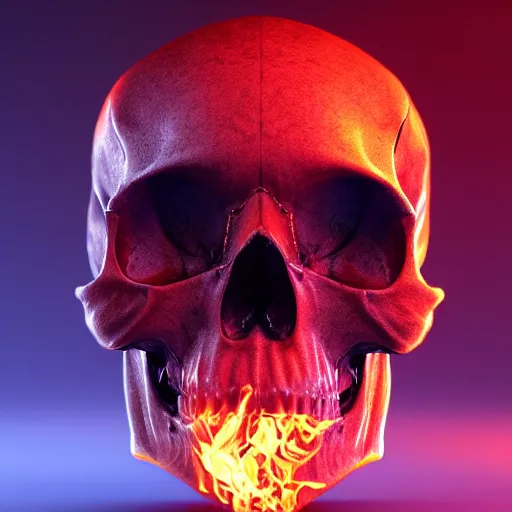 Image similar to a highly detailed human skull on fire in front of a glowing red background, 3 d, fire through eyes, highly detailed, digital art, artstation, concept art, initimate lighting, strong bokeh, trending