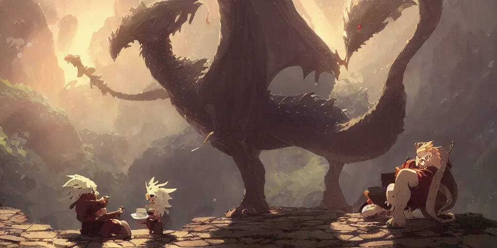 Image similar to a dwarf and his small pet dragon drinking a beer together | sharp contrast | by greg rutkowski makoto shinkai takashi takeuchi studio ghibli