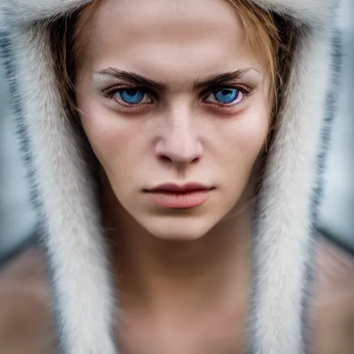 Image similar to minimalist photography portrait of a germanic pagan woman, early middle ages, heathen warrior, symmetrical, super close up, mid thirties, cute round slanted eyes, caucasian, wide nostrils, high cheekbones, full cheeks, high flat eyebrows, angelic, ethereal essence, leica 1 0 0 mm f 0. 8