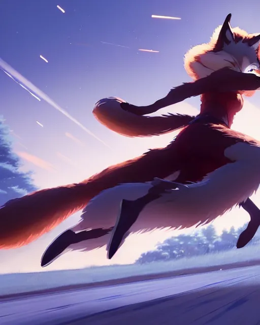 Image similar to a beautiful, dynamic illustration of an anthropomorphic fox - woman running while firing her winchester rifle, wild west theme, bullets whizzing by, motion blur and speed lines, studio muti, greg rutkowski, makoto shinkai, takashi takeuchi, studio ghibli