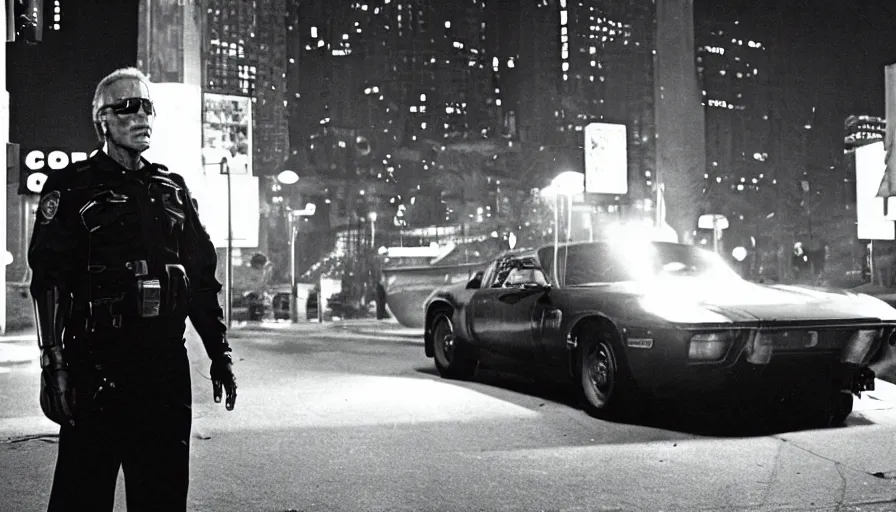 Prompt: peter weller cyborg cop, standing under a street lamp at night in downtown future detroit. leaning against a futuristic police car. criterion collection, movie still. 7 0 mm. imax. film.