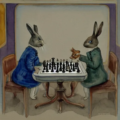 Image similar to two rabbits playing chess inside a ballroom, watercolour realism