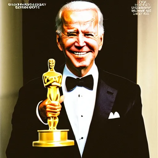 Prompt: portrait of Robotic Joe Biden at the Academy Awards, Kodak Portra, F 1.8, GALA Magazine cover