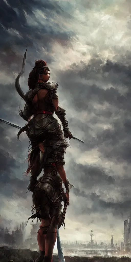 Image similar to back shot of one beautiful girl warrior gazing back, holding two swords. standing on wet road by wlop. artstation contest winner, cinematic paint. lower shot. dramatic cloud and ruined city in background.