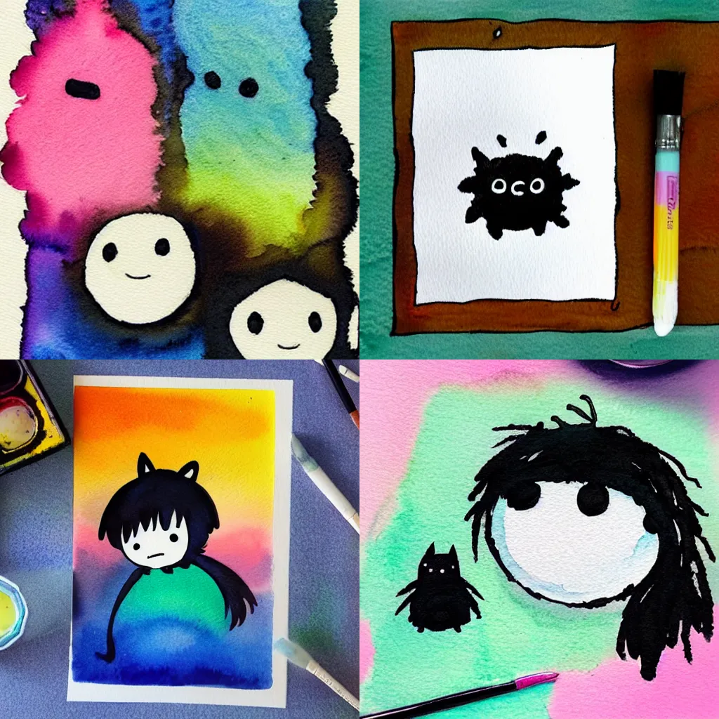 Prompt: watercolor cute soot sprite in the style of color gradient and Jean Giraud and Studio Ghibli