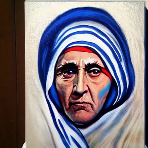 Image similar to nic cage as mother teresa, buff, painted portrait, highly detailed,