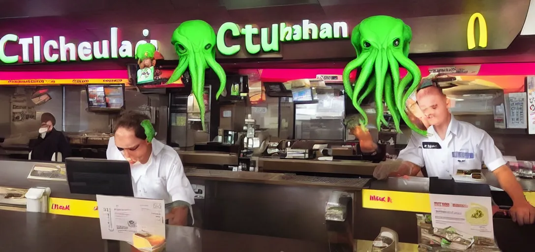 Image similar to Cthulhu working at McDonalds because he lost all of his money leverage trading bitcoin