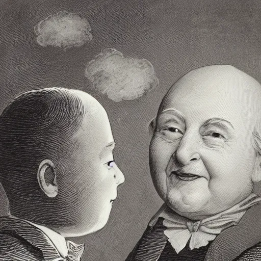 Prompt: candid portrait of white ball with a human face smiling wide, surrounded by clouds, illustrated by peggy fortnum and beatrix potter and sir john tenniel