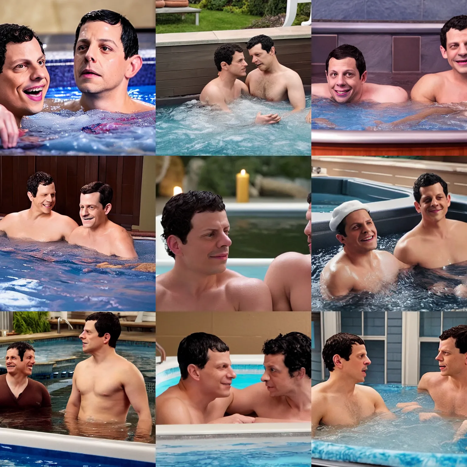 Prompt: jake peralta and charles boyle in the hot tub