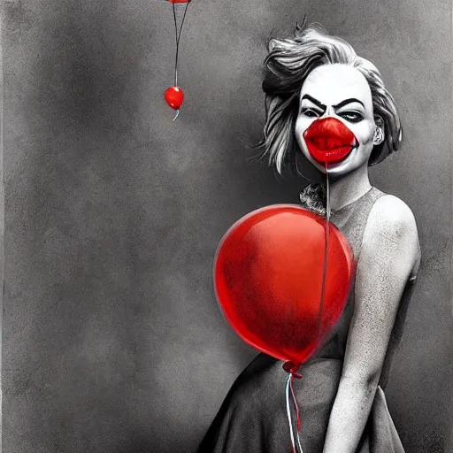 Image similar to surrealism grunge cartoon portrait sketch of margot robbie with a wide smile and a red balloon by - michael karcz, loony toons style, pennywise theme, horror theme, detailed, elegant, intricate