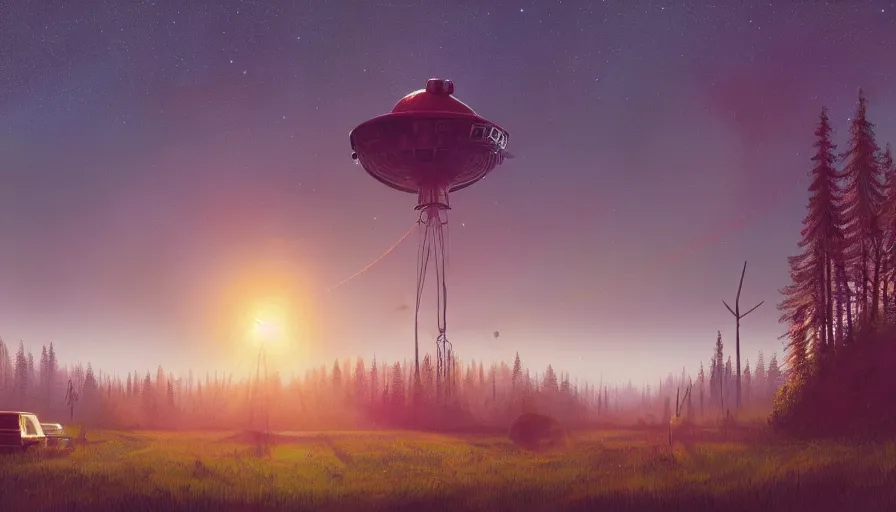 Prompt: space communication dish, sun in the sky, early morning, forest in the background, simon stalenhag