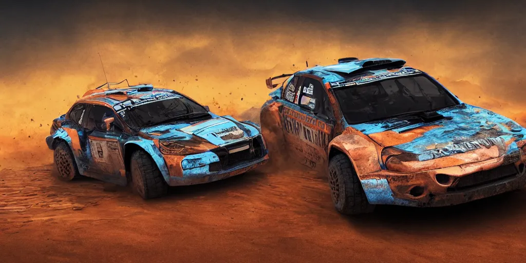 Prompt: offroad rally car copper paint job by sebastian luca and pablo carpio and edgaras cernikas and wang ke and damon greenhalgh, in wide view shot. blank background with some dreamy color lights.