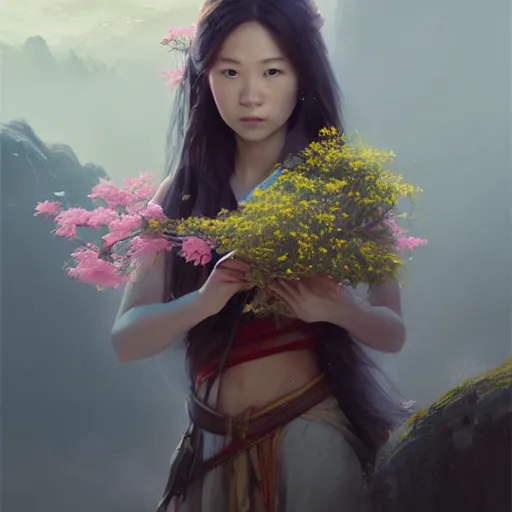 Image similar to Concept art, Chinese girl holding jasmine flowers, 8k, james gurney, greg rutkowski, john howe, artstation