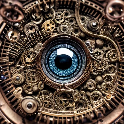 Image similar to a macro photo of a mechanical eye, close - up, large intricate iris with gears inside, intricate details, intricate gears and lenses, intricately detailed engravings, intricately detailed markings, intricate textures, warm lighting, vivid colors, realistic octane render, hyper realistic render, volumetric shading, depth of field, raytracing, 8 k,