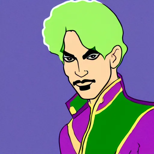 Image similar to an illustration of prince as the villain gemini. half his face is white with green hair.