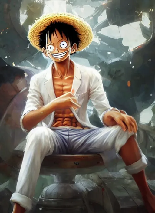 Image similar to a professional render of luffy wearing a white suit, calm face, concept art, sharp detail, smooth render, art style by Ruan Jia and Mandy Jurgens and Ian Spriggs and William-Adolphe Bouguerea