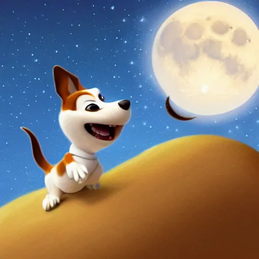 Image similar to cute pixar jack russel terrier, jumping over the smiling moon, concept art, pixar, disney studios, dreamworks animatio, fantasy illustration, artgerm, childrens story book, n