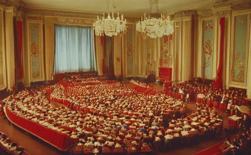 Prompt: 60s movie still of a CCCP congress in a stalinist style palace, by Irving Penn , cinestill 800t 35mm eastmancolor, heavy grainy picture, very detailed, high quality, 4k, HD criterion, precise texture