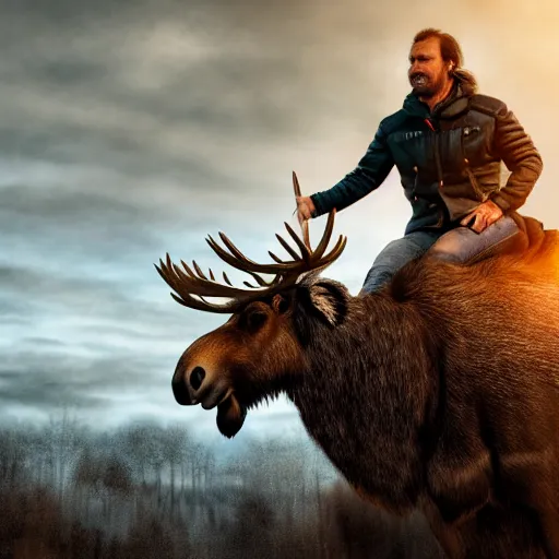 Image similar to the king of sweden riding a moose, hyperrealistic photograph, dim volumetric lighting, 8 k, octane beautifully detailed render, extremely hyper detailed, intricate, epic composition, cinematic lighting, masterpiece, trending on artstation, very very detailed, stunning, hdr, smooth, sharp focus, high resolution, award, winning photo, dslr, 5 0 mm