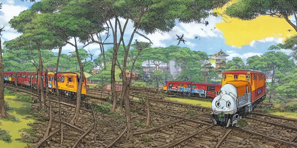 Image similar to sri lankan train, drawn by hayao miyazaki