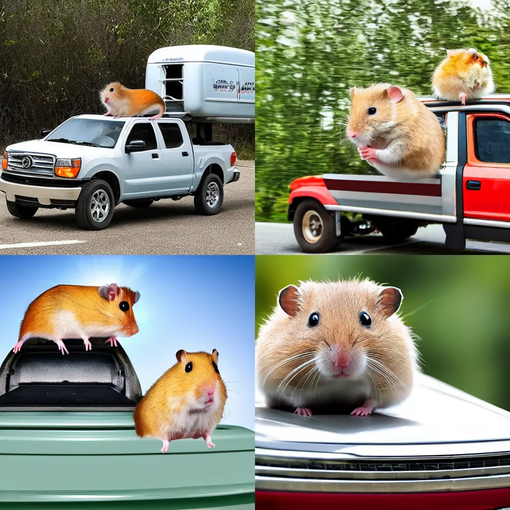 Prompt: hamster on truck without cabin