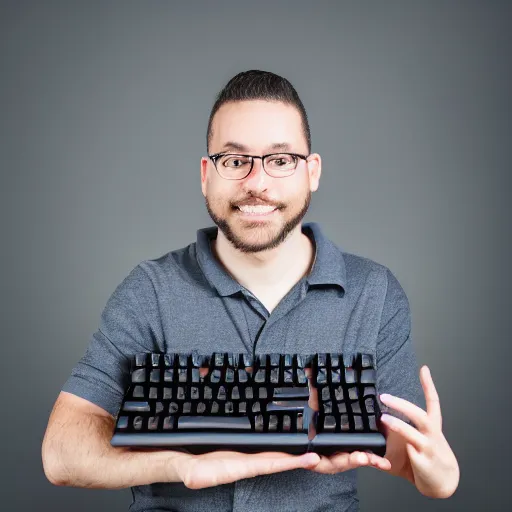 Image similar to Professional portrait photo of a man holding a mechanical keyboard, studio quality lighting