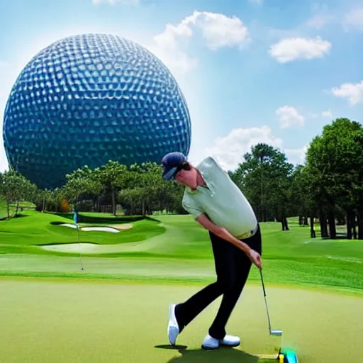 Image similar to a giant playing golf using epcot as the ball in real life, highly detailed, extremely high resolution, ultra realistic