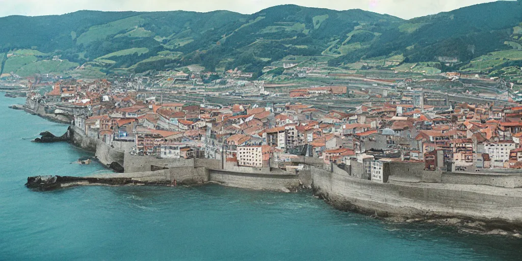 Prompt: aerial view of the city of zumaia in the basque country, 1 9 7 8, kodachrome