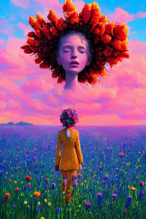 Image similar to closeup, giant flower head, girl in suit standing in a field of flowers, surreal photography, sunrise, blue sky, dramatic light, impressionist painting, digital painting, artstation, simon stalenhag