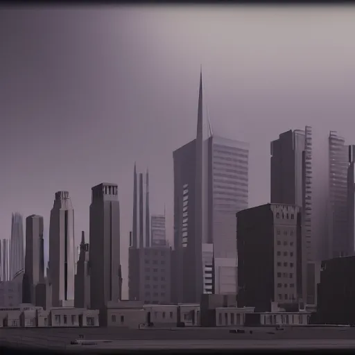 Prompt: octane vfx of a cityscape done in the style of sheeler. the buildings are all rendered with sharp lines and angles, and the overall effect is one of tension and order. there is a strong sense of geometric shapes in the composition, overall effect is one of calm and serenity, featured on deviantart, space art, matte painting, apocalypse landscape, apocalypse art