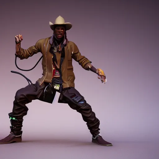 Prompt: Travis Scott as a cowboy, figurine, blender, octane render, 8k, hyperdetalied, studio lighting, trending on ArtStation, high quality,