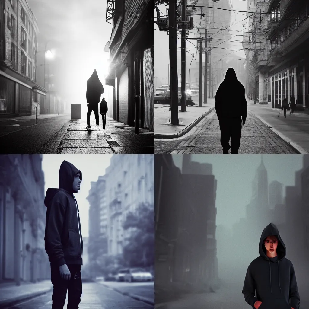 Image similar to a moody teenager in a hoodie walking down the street, dramatic lighting, cinematic scene, trending on Artstation