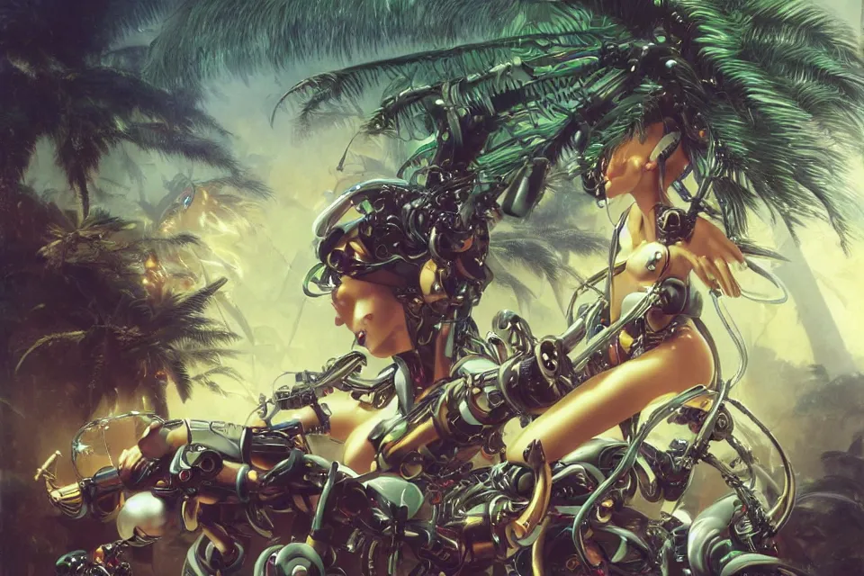 Prompt: an extreme close - up of a cyborg mecha nymph playing with a giant insect surrounded by saxophones, palm trees, jungle fruit, and stylized designer modular chrome eye candy, volumetric light caustics clouds of smoke, by hajime soryama, boris vallejo, bouguereau