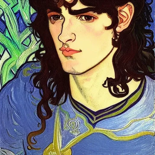 Image similar to painting of young handsome beautiful paladin elf! man with long wavy dark hair in his 2 0 s named shadow taehyung at the blueberry party, wearing armor!, elegant, clear, painting, stylized, delicate, soft facial features, art, art by alphonse mucha, vincent van gogh, egon schiele,