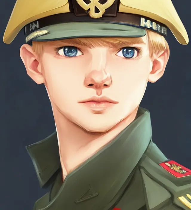 Prompt: character concept art of a cute young german boy with blond hair and bluish eyes, wearing a military uniform. lovely - fine - face, key visual, realistic shaded perfect face, fine details by rossdraws, james jean, andrei riabovitchev, marc simonetti, sakimichan, trending on artstation